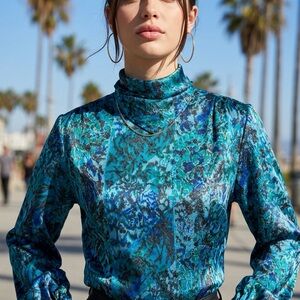 Vintage 80s Nicola Teal Abstract Silk-Feel Power Blouse